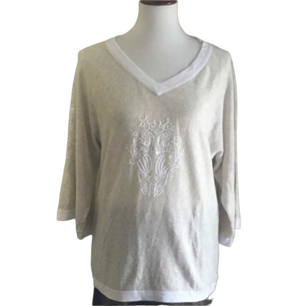 Banana Republic V-Neck Cream w/ White Embroidery Linen Blend Knit Tunic,…